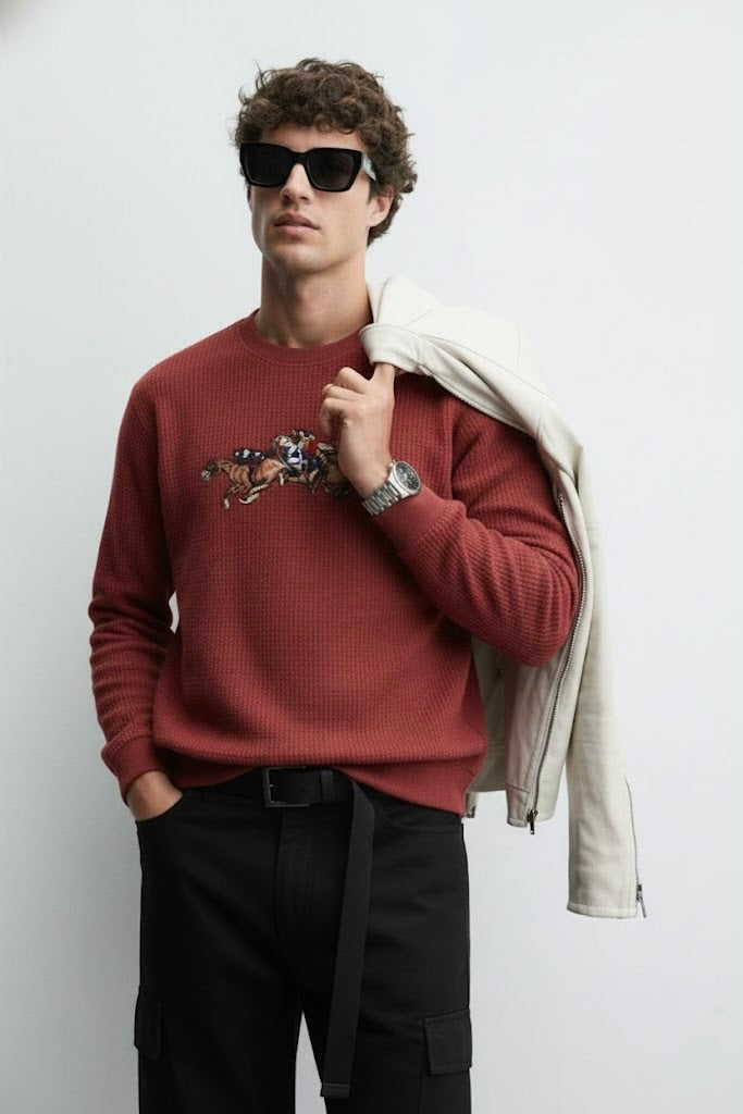 Maroon Ottoman Textured Sweatshirt – 3 Polo Horses Embroidery with “Brilliance” | 250 GSM Unisex
