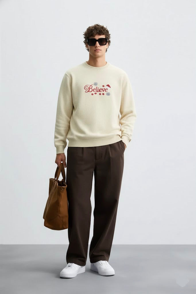 Light Yellow “Believe” Embroidered Sweatshirt – 50/50 Nun Tuck Fleece, 280 GSM