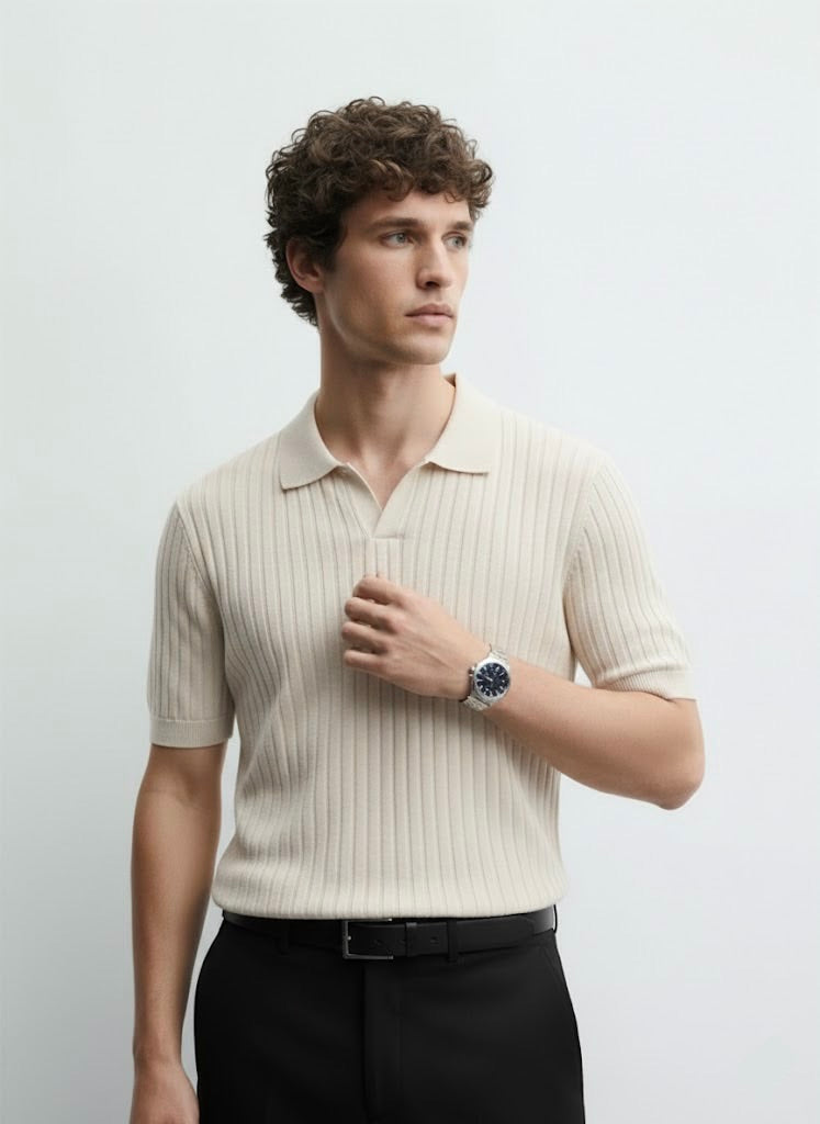 Drop Needle Bleach Sand V-Neck Polo