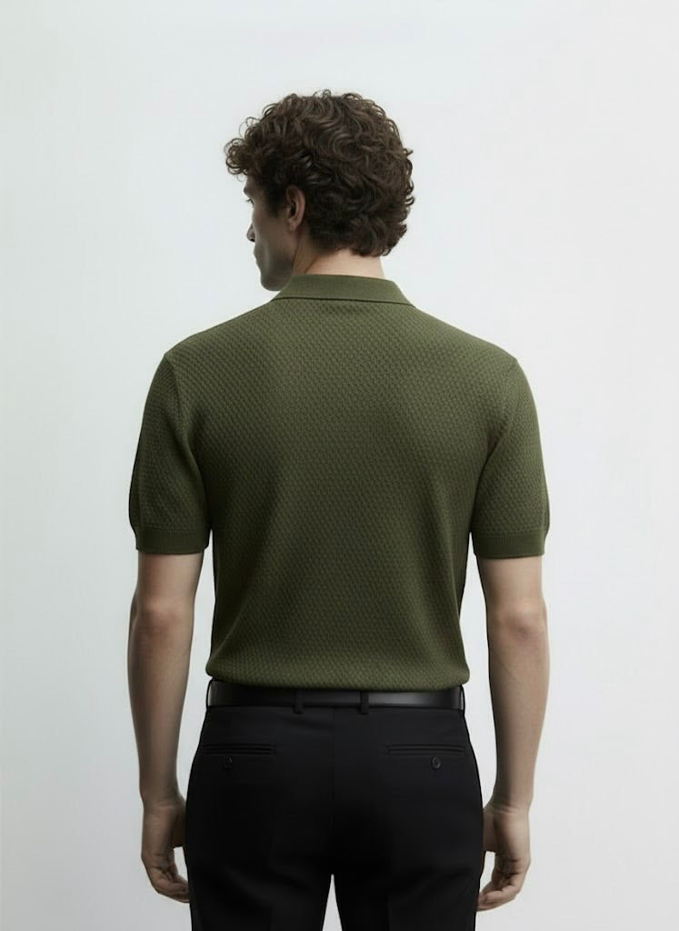 Popcorn Textured Olive Green Zipper Polo