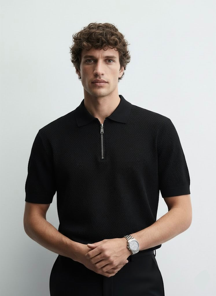 Popcorn Textured Black Zipper Polo