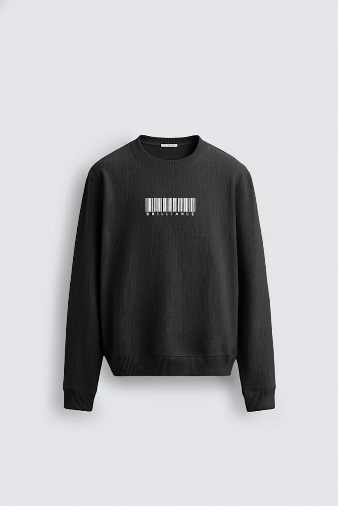 Black Waffle Textured Sweatshirt – Barcode Embroidery with “Brilliance” | 250 GSM Unisex