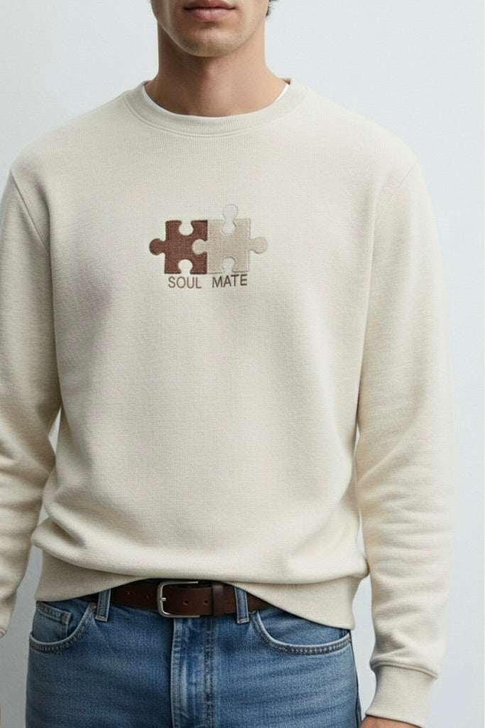 Powder Beige Nun Tuck Fleece Sweatshirt – Puzzle Piece Embroidery with “Soul Mate” | 280 GSM Unisex