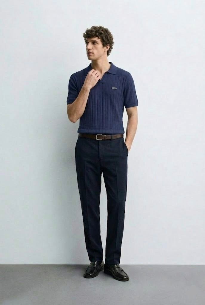 Drop Needle Navy V-Neck Polo