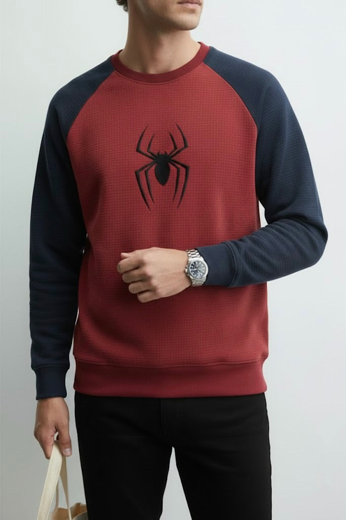 Maroon Ottoman Reglan Textured Sweatshirt – Spider Man Embroidery | 250 GSM Unisex