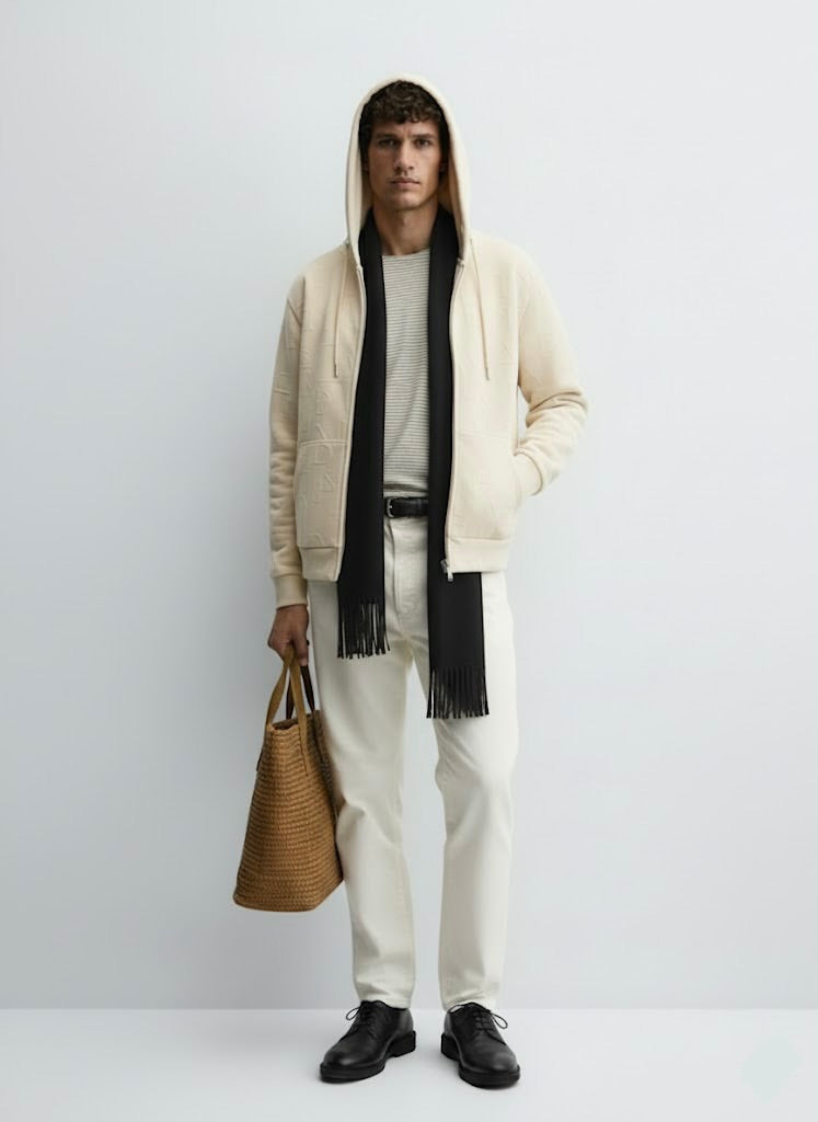 Off-White Embossed Zipper Hoodie with Lining & YKK Zip – Premium Winter Wear