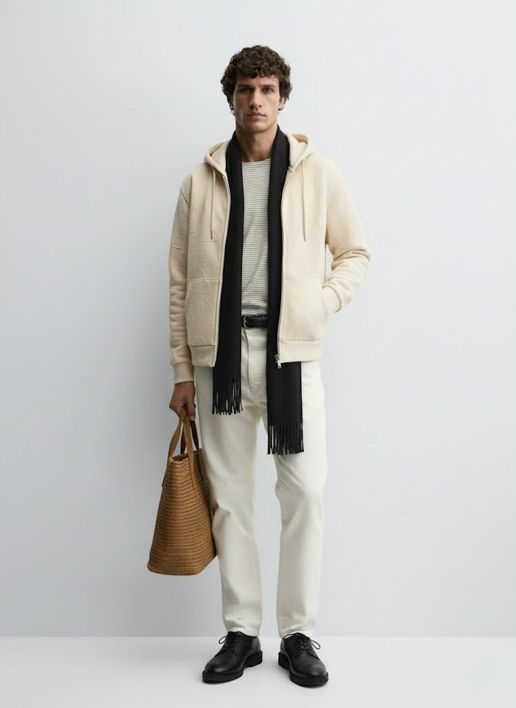 Off-White Embossed Zipper Hoodie with Lining & YKK Zip – Premium Winter Wear