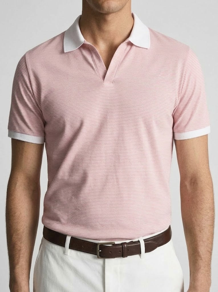 Pink Striped Johnny Collar Polo