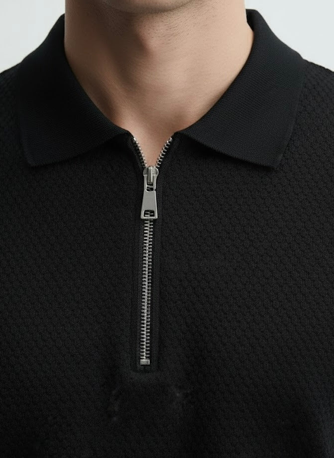 Popcorn Textured Black Zipper Polo