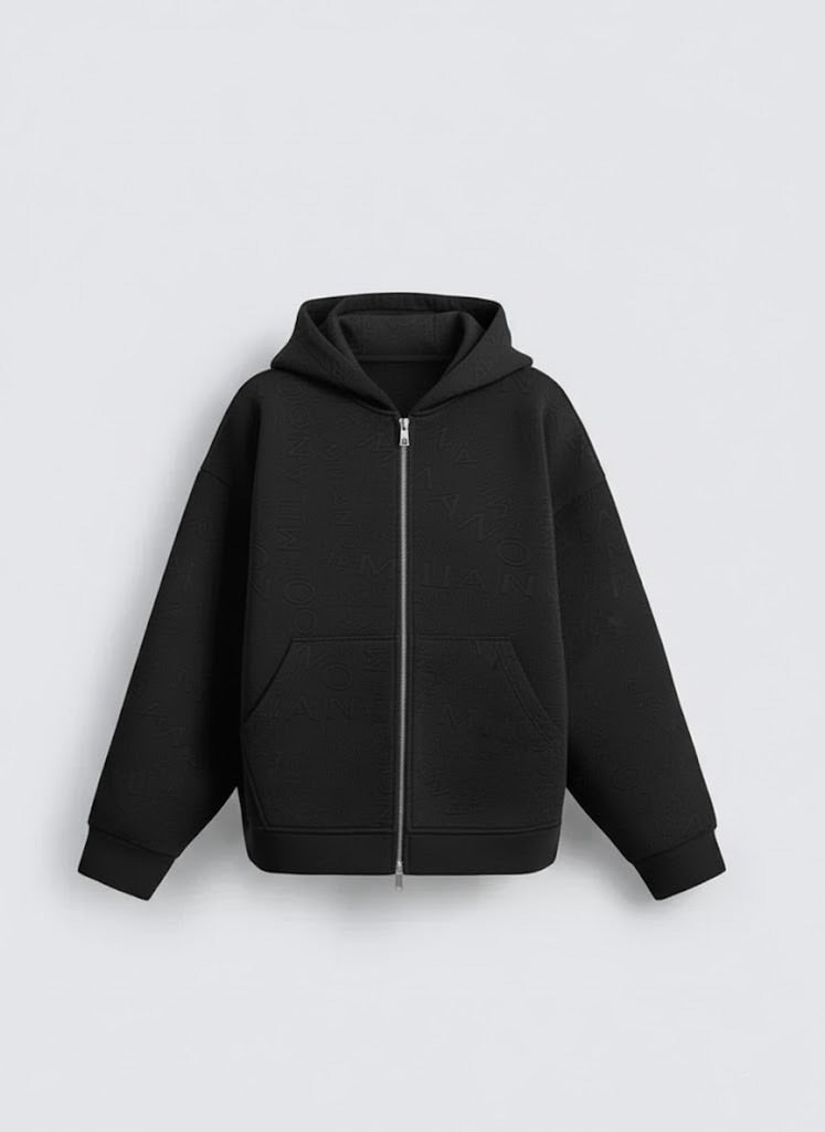 Black Embossed Zipper Hoodie with Lining & YKK Zip – Premium Winter Wear