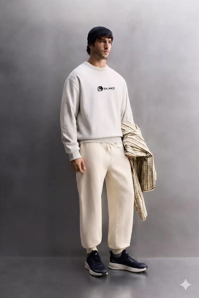 Light Grey “Balance” Yin Yang Embroidered Sweatshirt – 50/50 Nun Tuck Fleece, 280 GSM