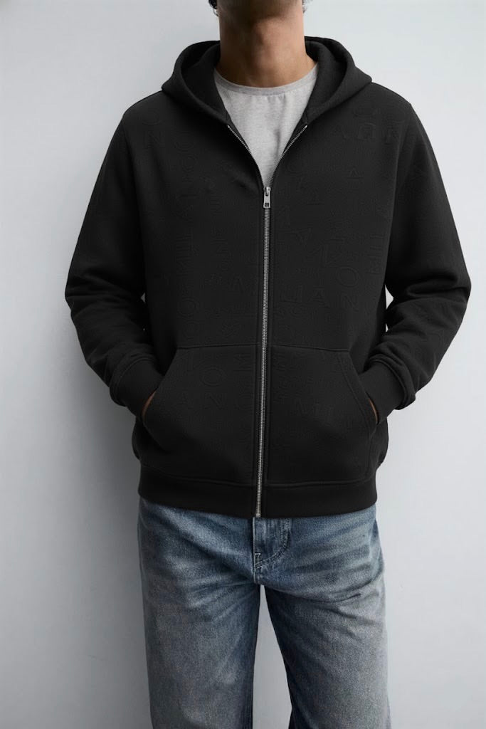 Black Embossed Zipper Hoodie with Lining & YKK Zip – Premium Winter Wear