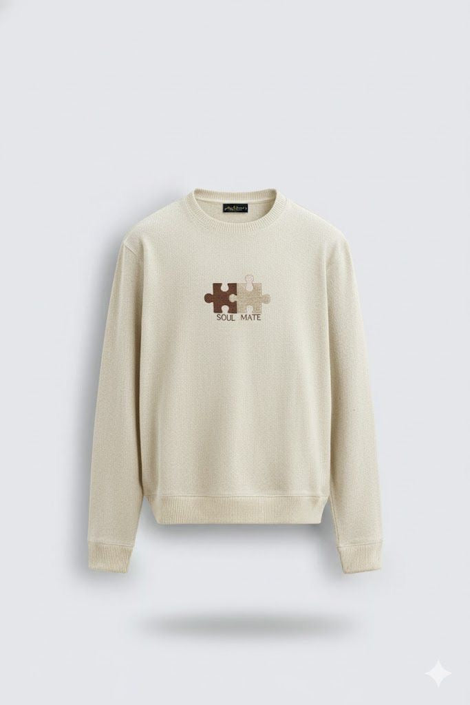 Powder Beige Nun Tuck Fleece Sweatshirt – Puzzle Piece Embroidery with “Soul Mate” | 280 GSM Unisex