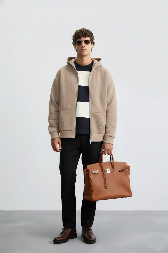 Beige Embossed Zipper Hoodie with Lining & YKK Zip – Premium Winter Wear