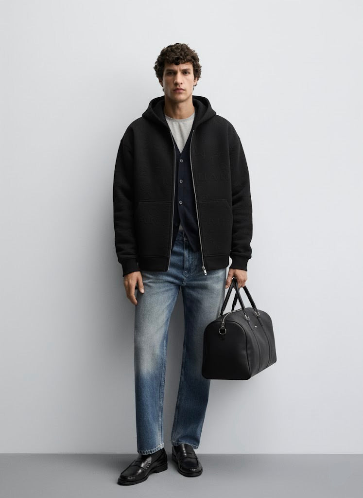 Black Embossed Zipper Hoodie with Lining & YKK Zip – Premium Winter Wear