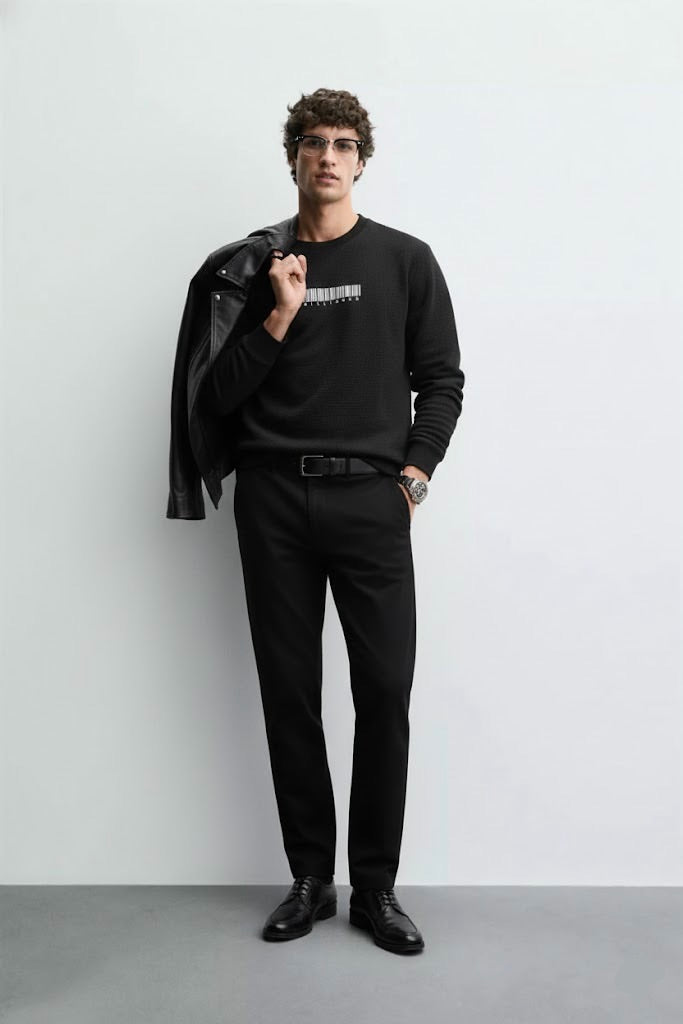 Black Waffle Textured Sweatshirt – Barcode Embroidery with “Brilliance” | 250 GSM Unisex