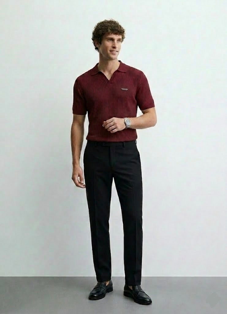Drop Needle Maroon V-Neck Polo
