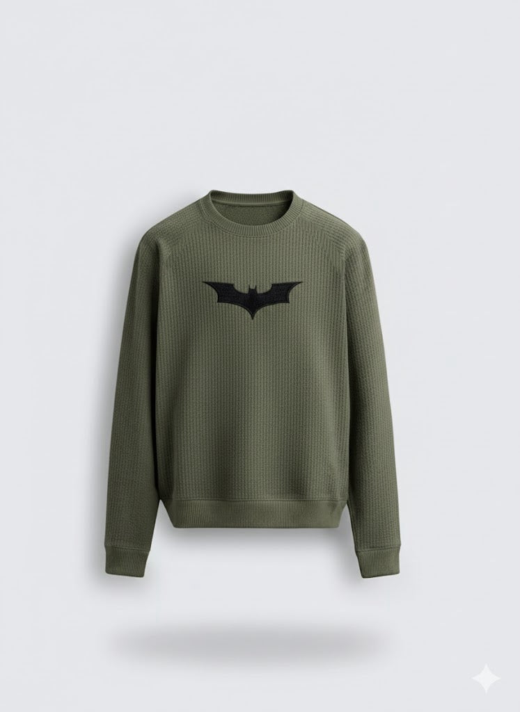 Olive Green Waffle Textured Sweatshirt – Batman Embroidery | 250 GSM Unisex