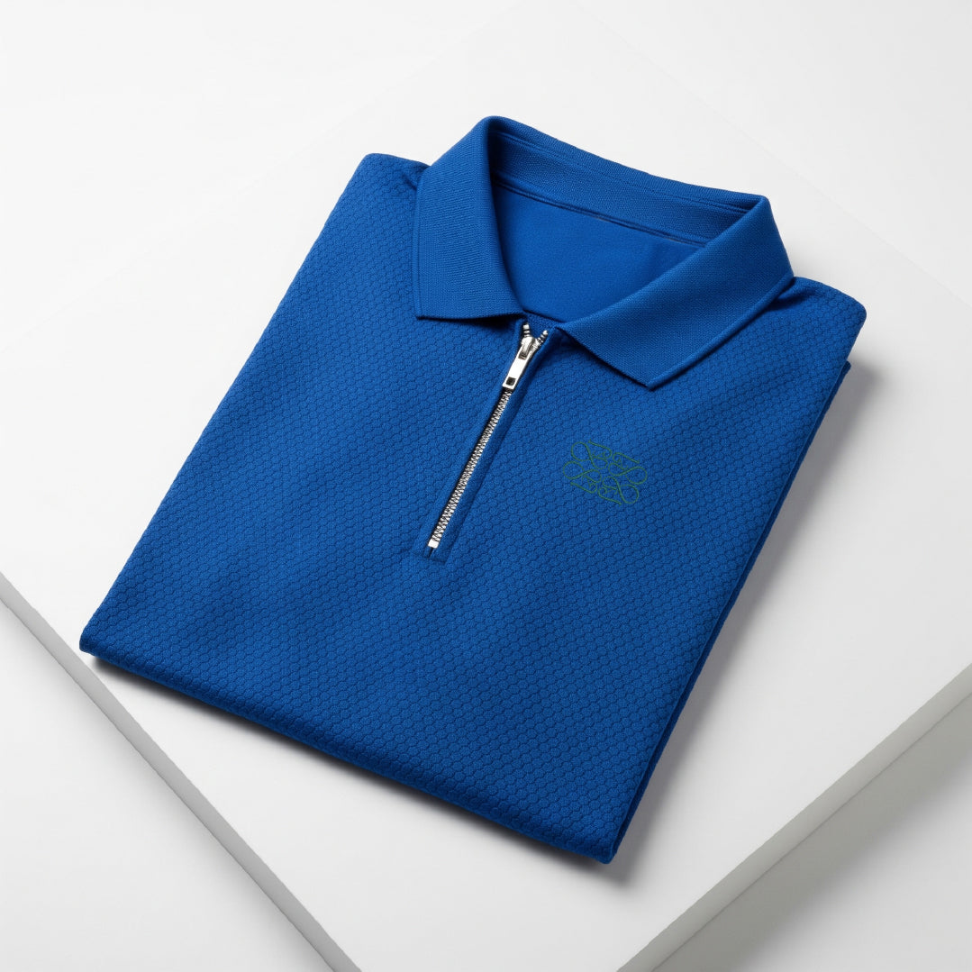 Popcorn Textured Oxford Blue Zipper Polo