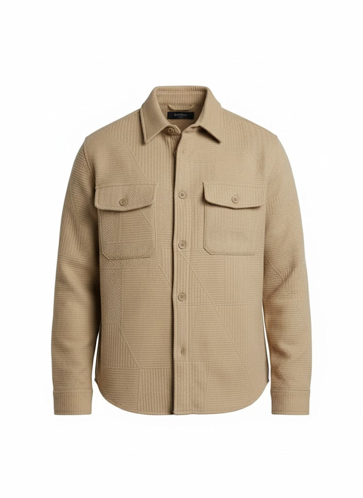 Textured Light Brown Knitted Jacquard Overshirt – Imported Fabric with Metallic Buttons