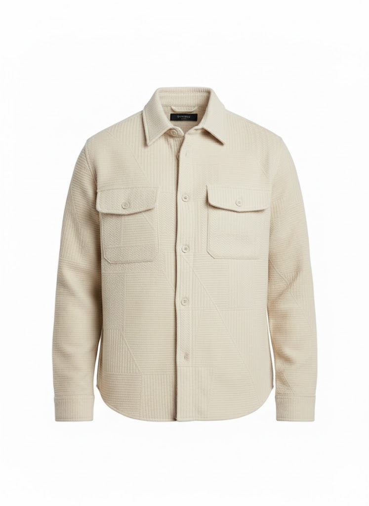 Textured Beige Knitted Jacquard Overshirt – Imported Fabric with Metallic Buttons