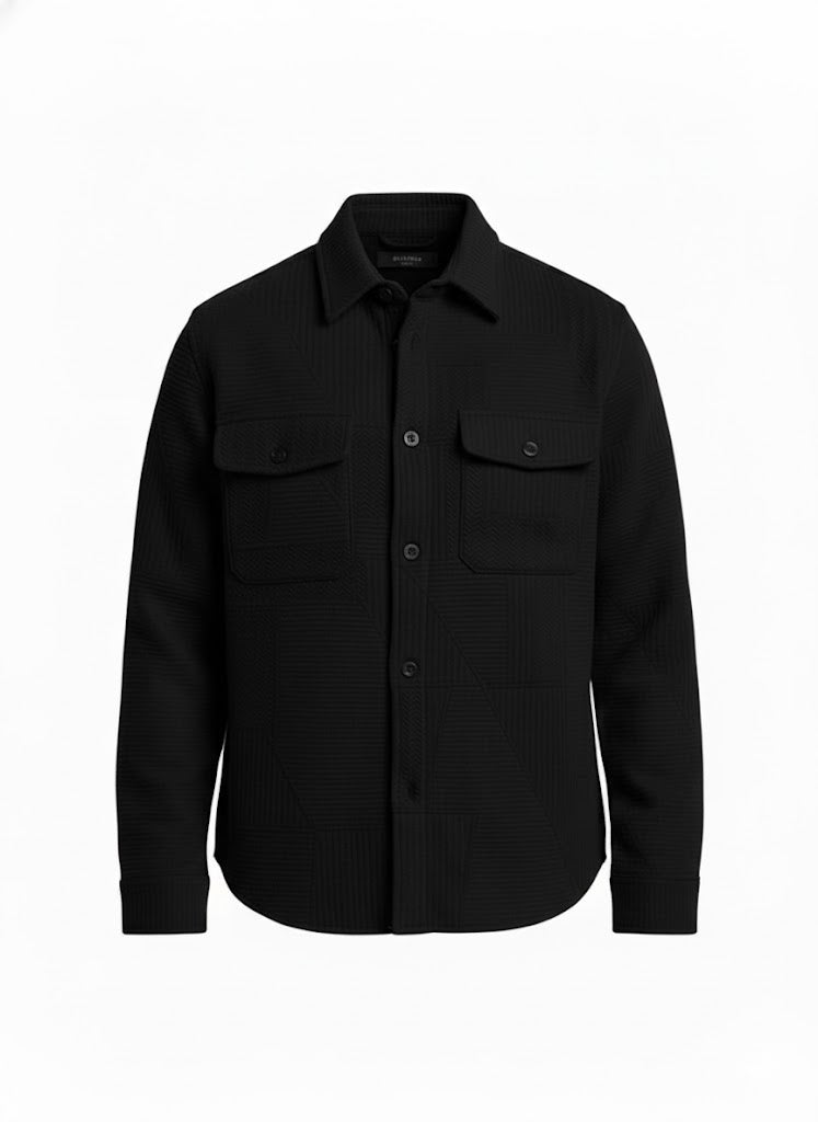 Textured Black Knitted Jacquard Overshirt – Imported Fabric & Metallic Buttons