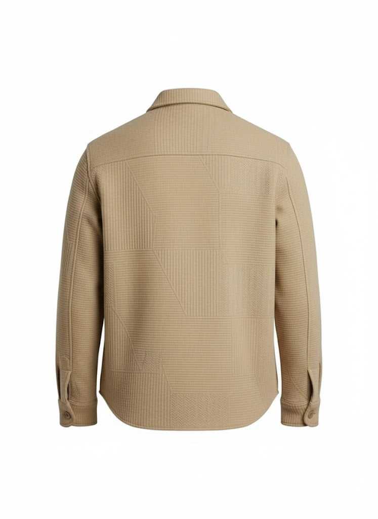 Textured Light Brown Knitted Jacquard Overshirt – Imported Fabric with Metallic Buttons