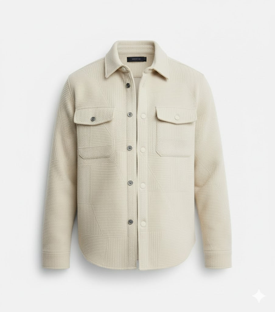 Textured Beige Knitted Jacquard Overshirt