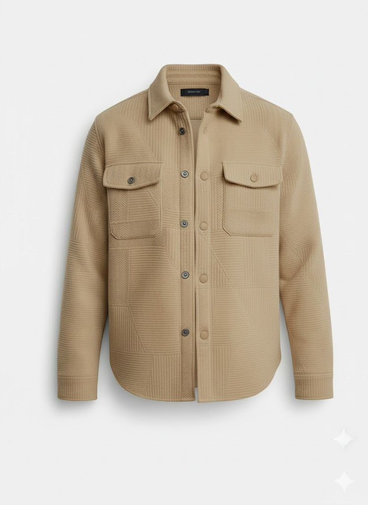 Textured Light Brown Knitted Jacquard Overshirt