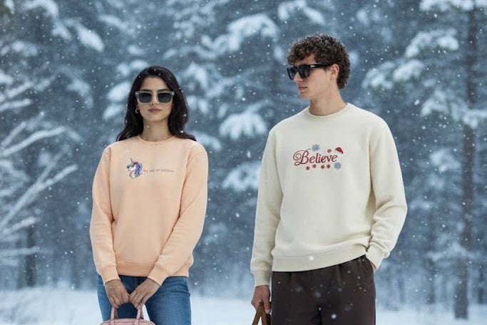Two people wearing sweaters with visible text in a snowy landscape