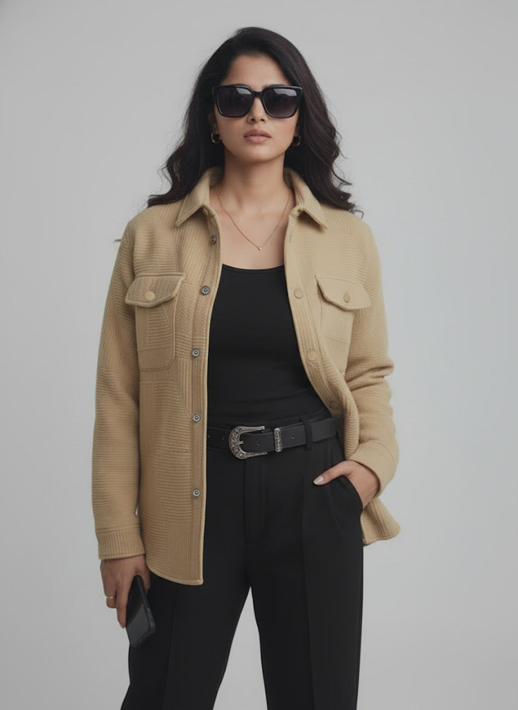 Textured Light Brown Knitted Jacquard Overshirt