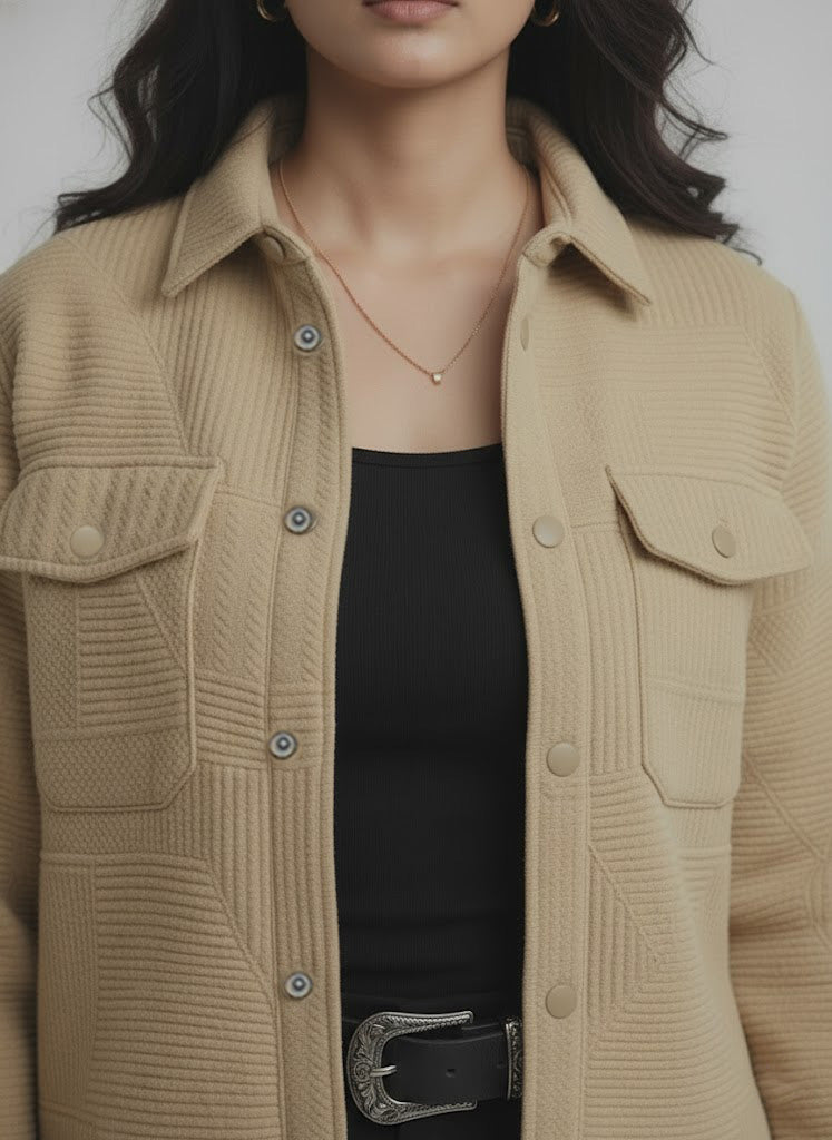 Textured Light Brown Knitted Jacquard Overshirt