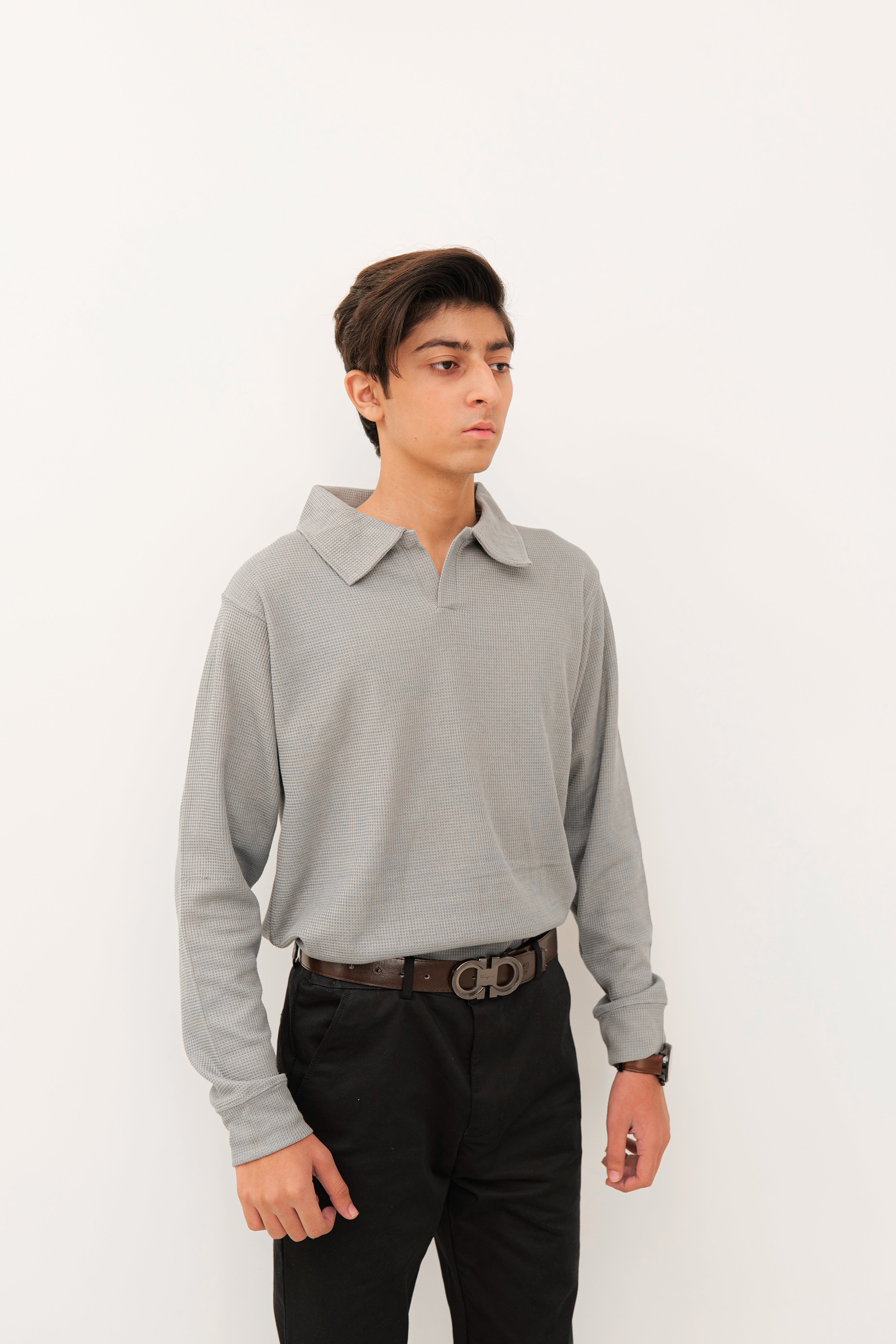 Men's Grey Waffle V-Neck Polo