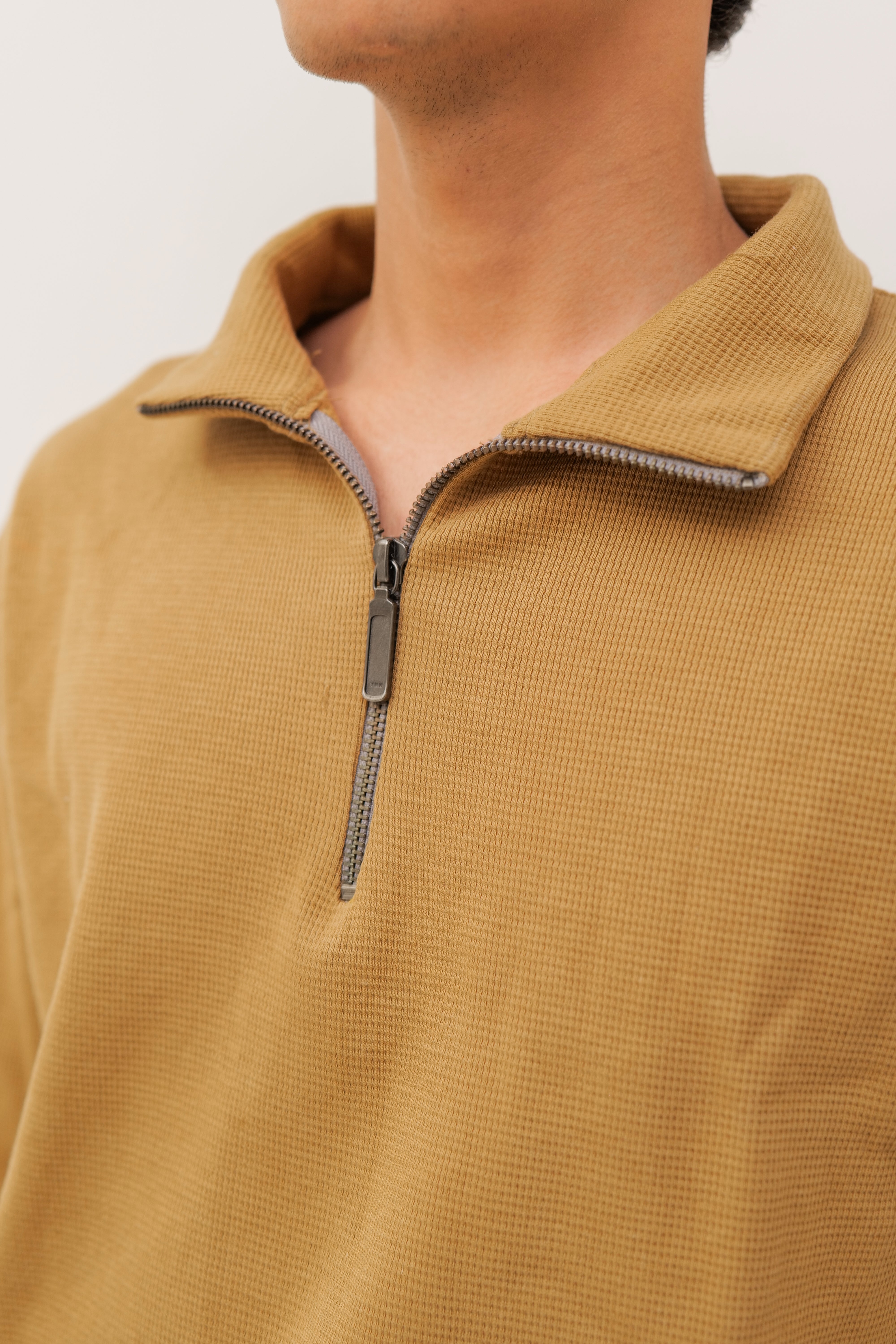 Men's Camel Brown Waffle Zipper Polo