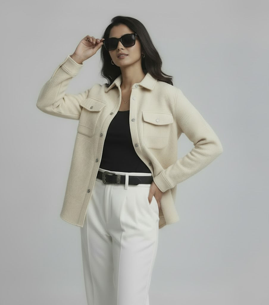 Textured Beige Knitted Jacquard Overshirt