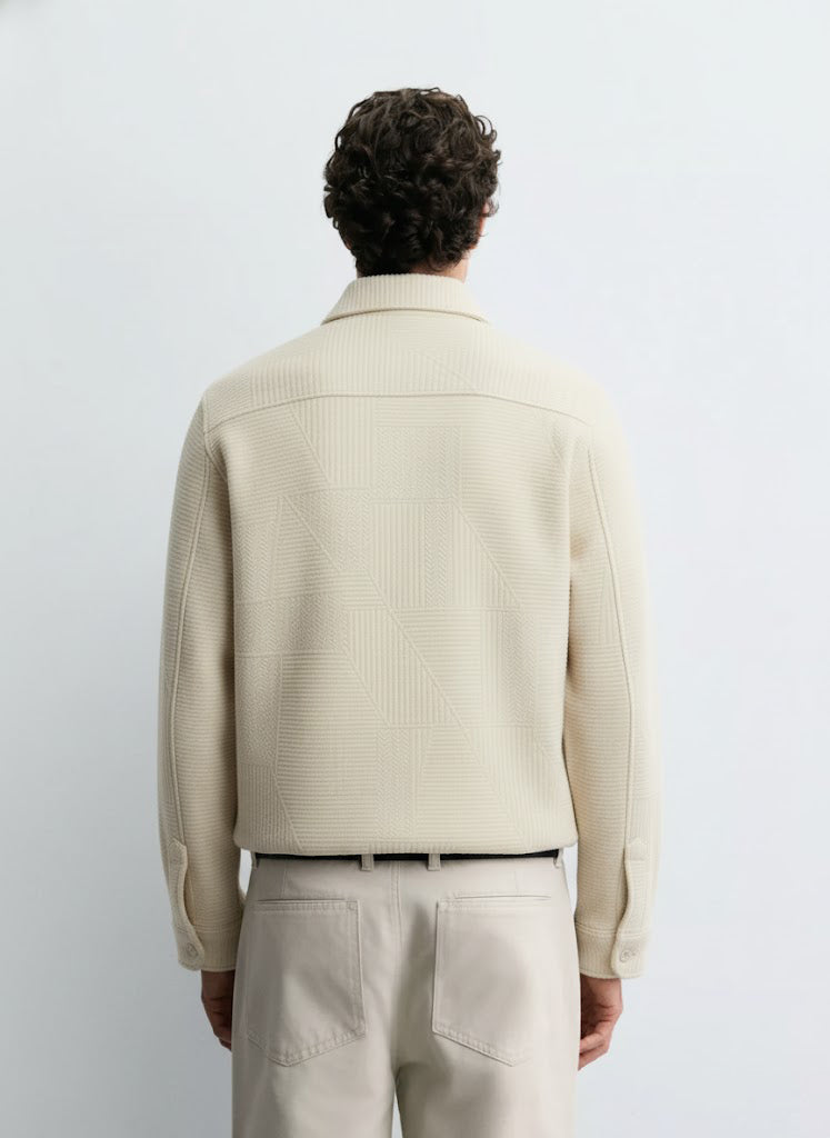 Textured Beige Knitted Jacquard Overshirt – Imported Fabric with Metallic Buttons