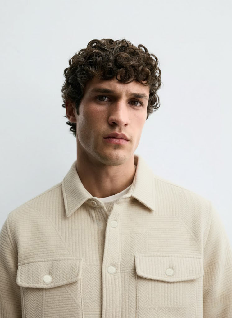 Textured Beige Knitted Jacquard Overshirt – Imported Fabric with Metallic Buttons