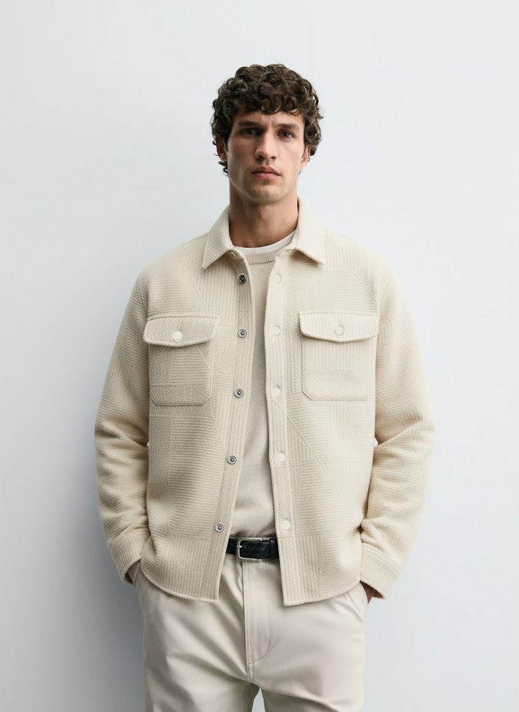 Textured Beige Knitted Jacquard Overshirt – Imported Fabric with Metallic Buttons
