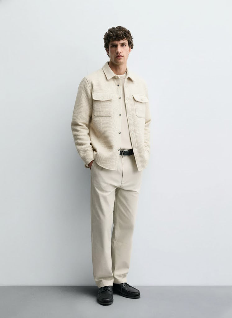 Textured Beige Knitted Jacquard Overshirt – Imported Fabric with Metallic Buttons