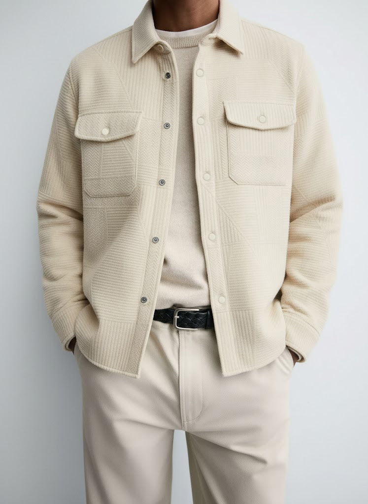 Textured Beige Knitted Jacquard Overshirt – Imported Fabric with Metallic Buttons
