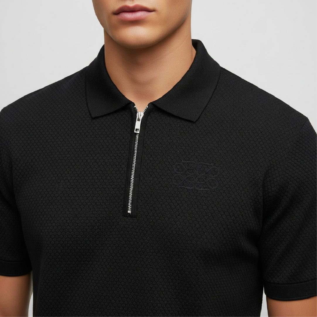 Popcorn Textured Black Zipper Polo