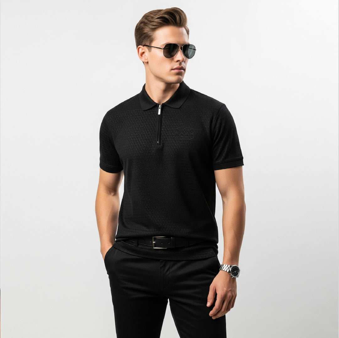 Popcorn Textured Black Zipper Polo