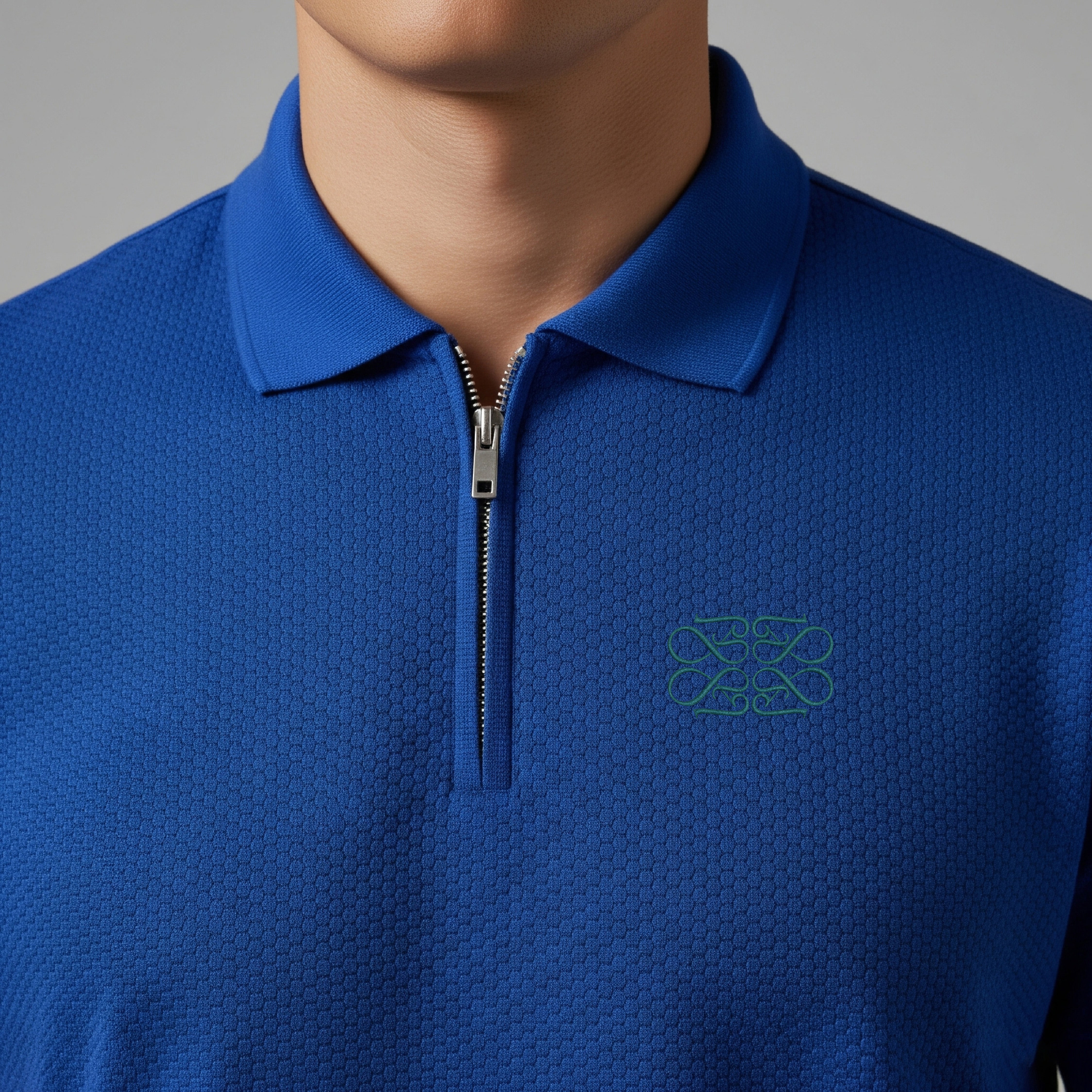 Popcorn Textured Oxford Blue Zipper Polo