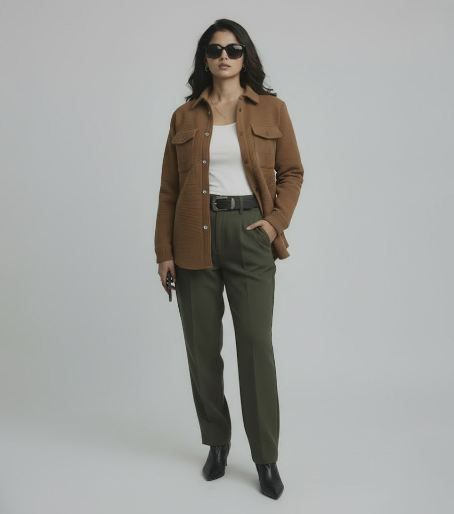 Textured Dark Brown Knitted Jacquard Overshirt