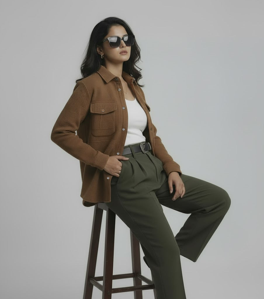 Textured Dark Brown Knitted Jacquard Overshirt