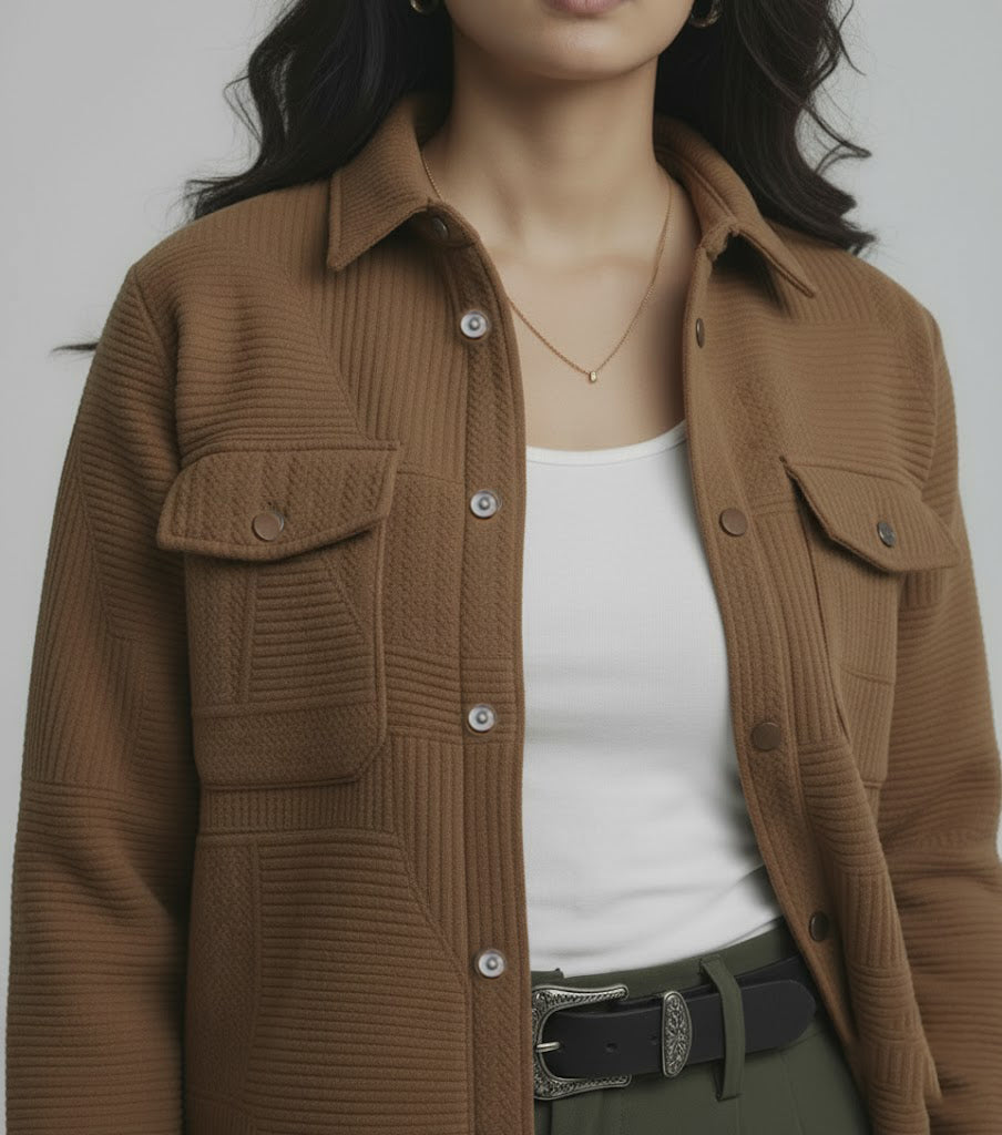 Textured Dark Brown Knitted Jacquard Overshirt