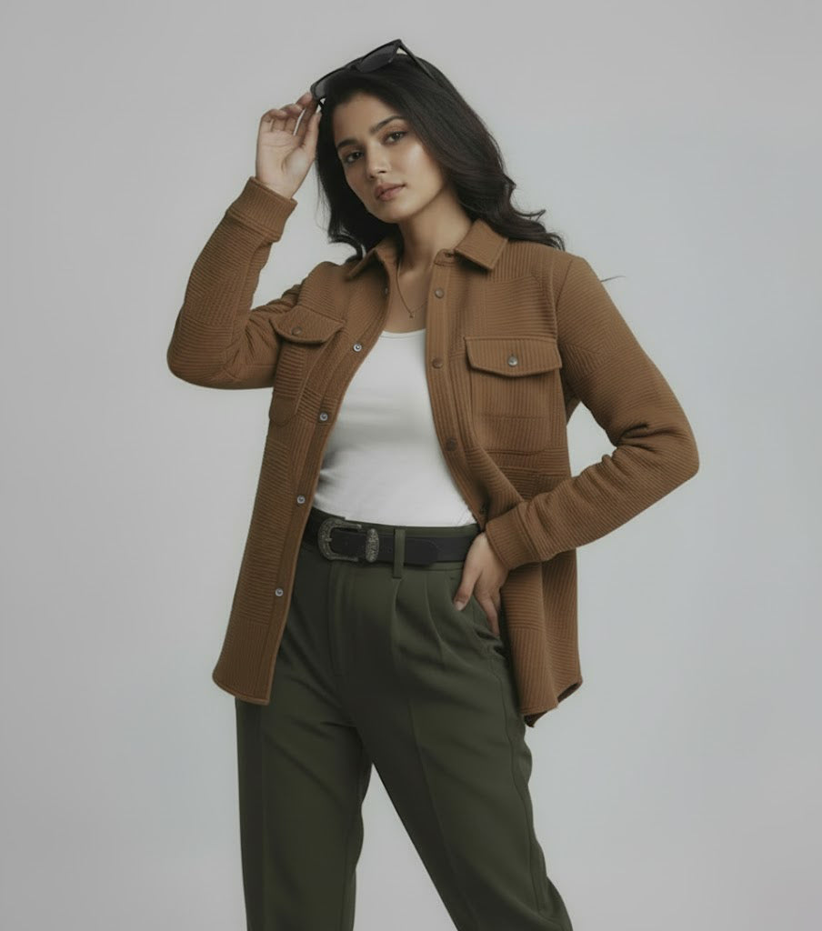 Textured Dark Brown Knitted Jacquard Overshirt