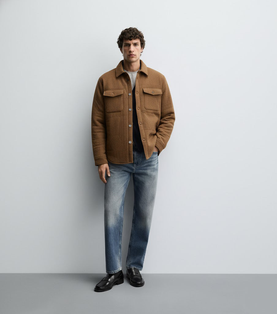 Textured Dark Brown Knitted Jacquard Overshirt – Imported Fabric with Metallic Buttons