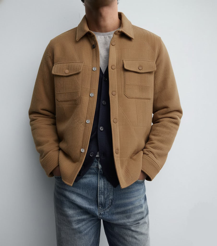 Textured Dark Brown Knitted Jacquard Overshirt – Imported Fabric with Metallic Buttons