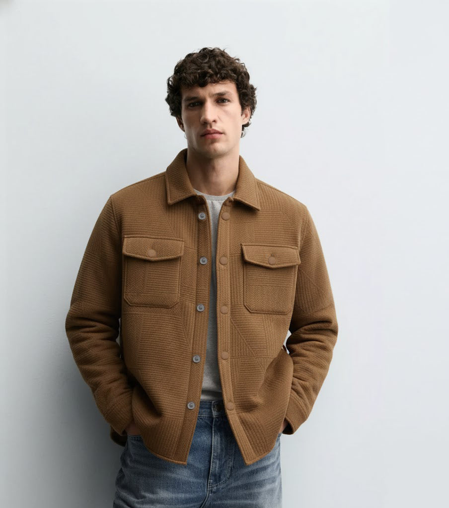 Textured Dark Brown Knitted Jacquard Overshirt – Imported Fabric with Metallic Buttons